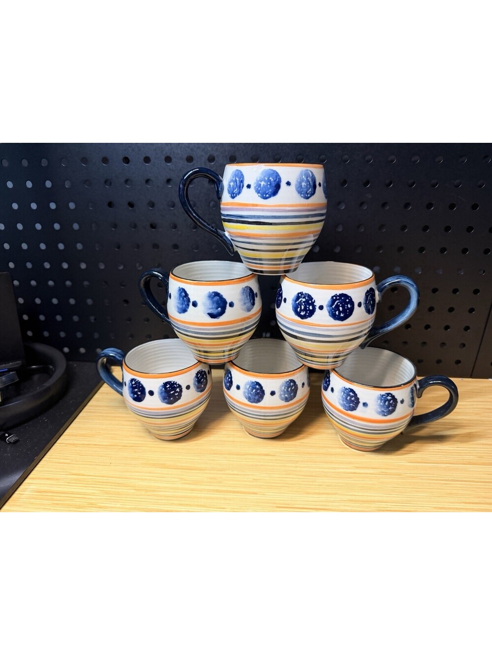 Set of 6 Anthropologie Ceramic Bubble Mugs Cup Blue Yellow Orange